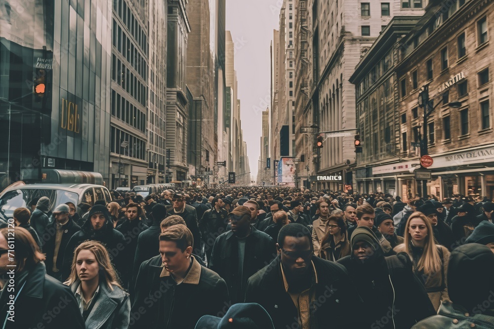 Crowded street in the heart of the financial district with people rushing to their jobs, Generative AI