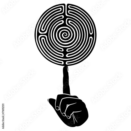 Human hand holding a round spiral maze or labyrinth symbol on fingertip. Theseus. Creative concept. Black and white silhouette.