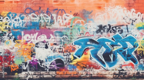 Closeup of a weathered brick wall with patches of modern graffiti art.