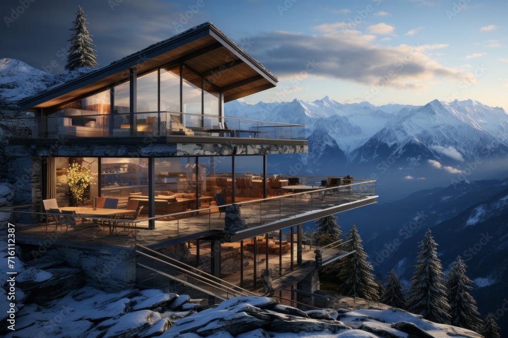 Alpine Chalet, on an isolated Mountain Mist background, Generative AI