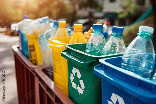 Assorted recyclables sorted in recycling bins, illustrating the importance of waste segregation for recycling programs photo