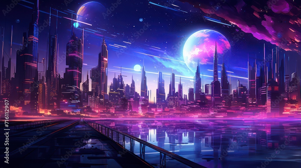 Fictional illustration of an advanced future smart city view, with skyscrapers, purplish blue light