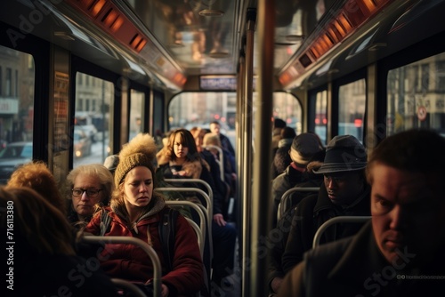 Crowded bus with commuters on their daily commute to the financial district, Generative AI