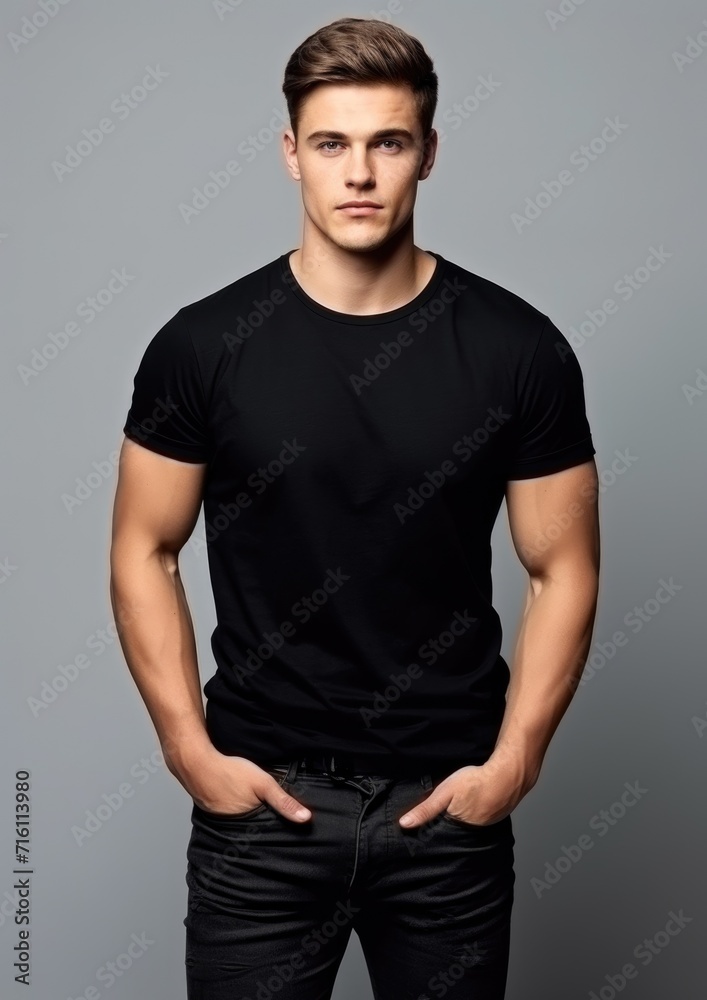 young male model in a black T-shirt on a gray background young male model in a black T-shirt on a gray background
