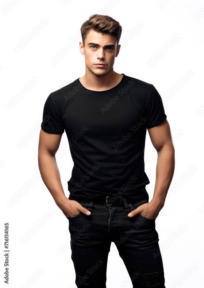 Fototapeta premium young male model in a black t-shirt on a white background