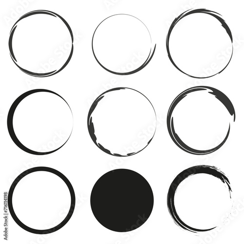 Black grunge round shapes. Brush strokes circles frames elements. Vector illustration. EPS 10.