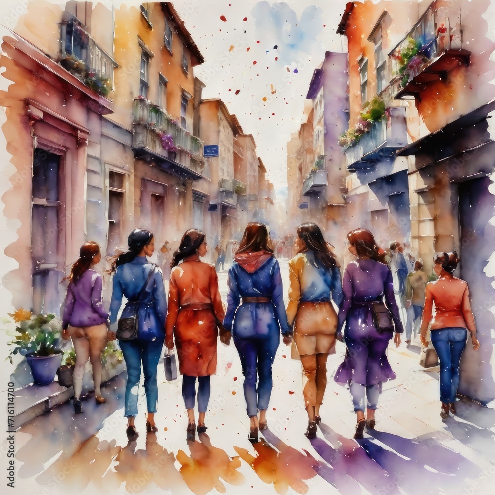 Celebrating International Women's Day with the universal language of love, as women from diverse backgrounds come together to embrace each other and spread positivity, watercolor technique