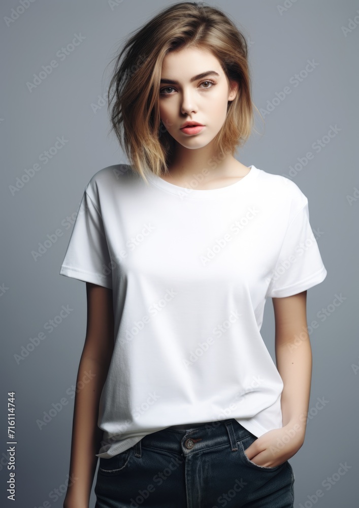 Woman in white t-shirt looking at camera Woman in white t-shirt looking at camera