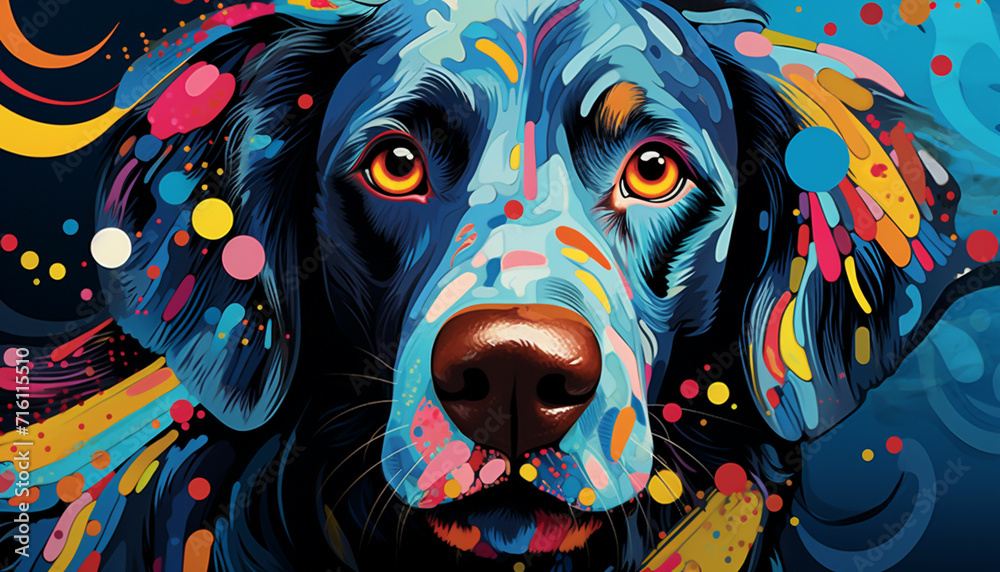 unique and abstract representation of a dog's face using geometric shapes patterns and vibrant colors