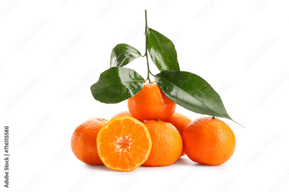 Fresh tangerines with green leaves on white background Fresh tangerines with green leaves on white background