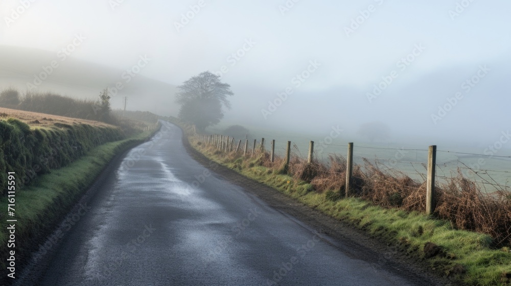 The thick fog seems to swallow the road, leaving only a faint outline visible through the mist.