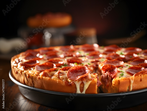 Pizza with salami and mozzarella on a wooden table