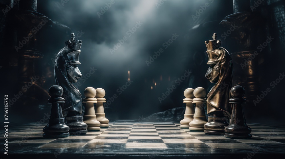 illustration of a chess game, with dark cinematic light. - obrazy, fototapety, plakaty 
