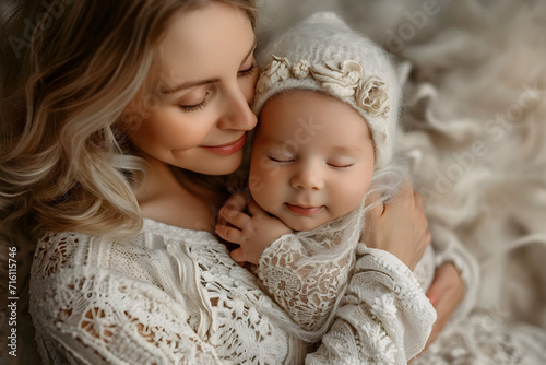 A woman holding a newborn charming baby in her arms with love and tenderness. photo