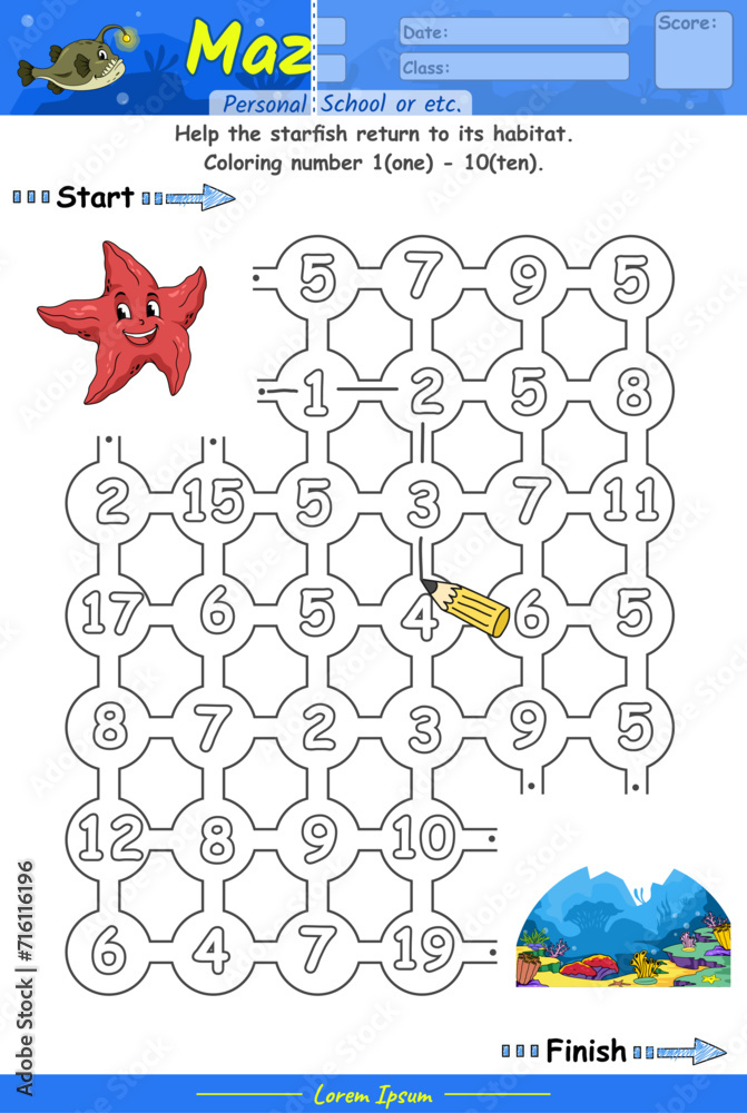 Alphabet Maze Game learning number 1 to 10 with starfish cartoon Alphabet Maze Game learning number 1 to 10 with starfish cartoon