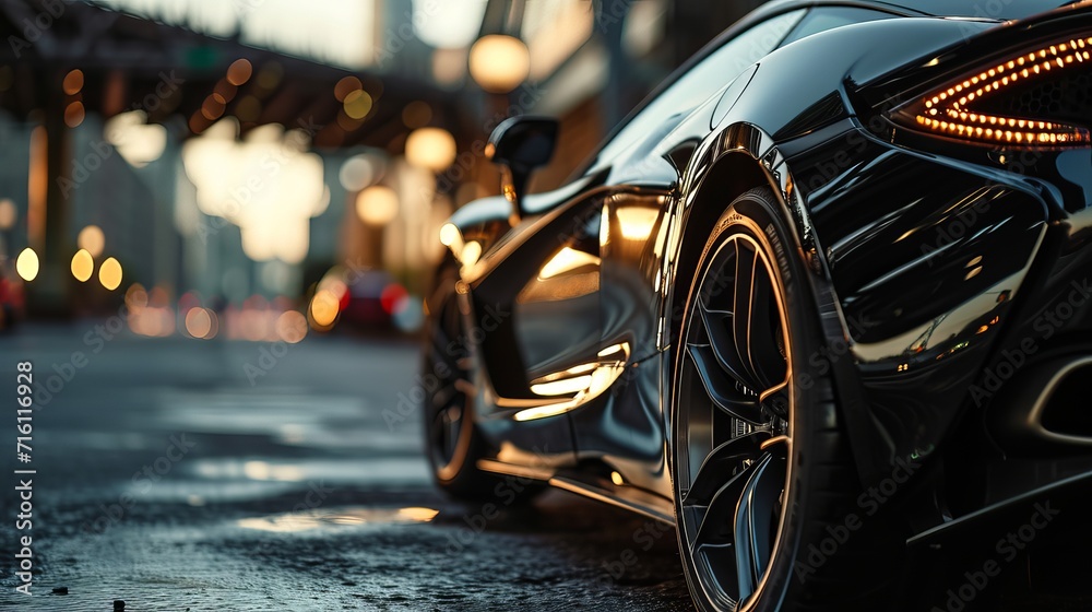 Sunlit Close-Up of Glossy Black Sports Car with Shiny Alloy Wheel on Concrete Surface