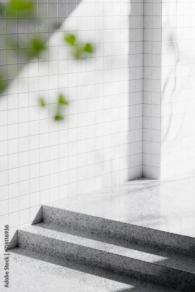 A background rich in shading that you can use in your designs. Textured walls and podium with sunlight shining through. 3d rendering. A background rich in shading that you can use in your designs. Textured walls and podium with sunlight shining through. 3d rendering.