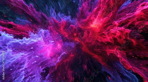 The intense energy of neon red and purple particles colliding and exploding creating a mesmerizing display of abstract art