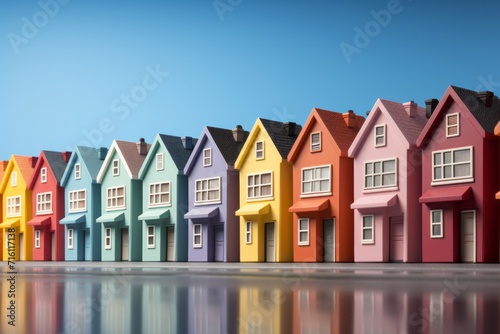 Colorful Row of Tiny Homes, on an isolated Rainbow Gradient background, Generative AI
