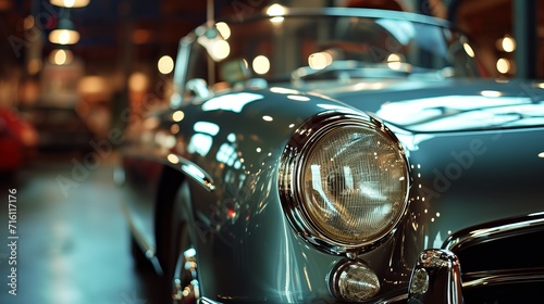 Gleaming Old-fashioned Car Under City Lights on Stone-paved Street