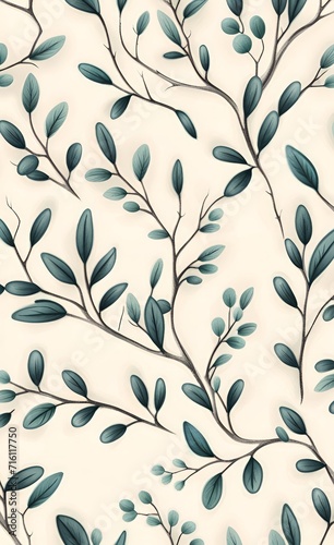 Hand-drawn branches with leaves hanging from above on a textured background. Seamless pattern, Generative AI 