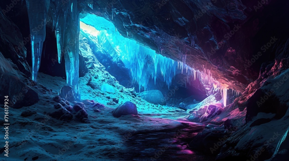 A mysterious ice cave lit up by glowing neon stalactites and stalagmites creating a dreamy atmosphere - obrazy, fototapety, plakaty 