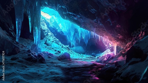 A mysterious ice cave lit up by glowing neon stalactites and stalagmites creating a dreamy atmosphere