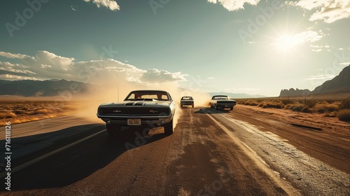 Vintage Automobile Racing on Desert Road with Sun Glistening and Mountains in Distance