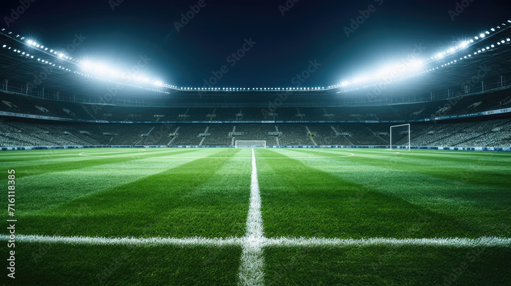 stadium lights,  Football stadium arena for match with spotlight. Soccer sport background, green grass field for competition champion match. 