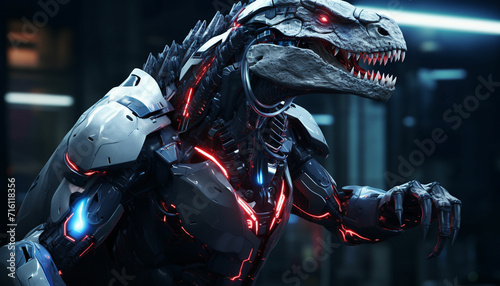 Combine dinosaur features with cybernetic enhancements like robotic limbs glowing eyes and futuristic armor