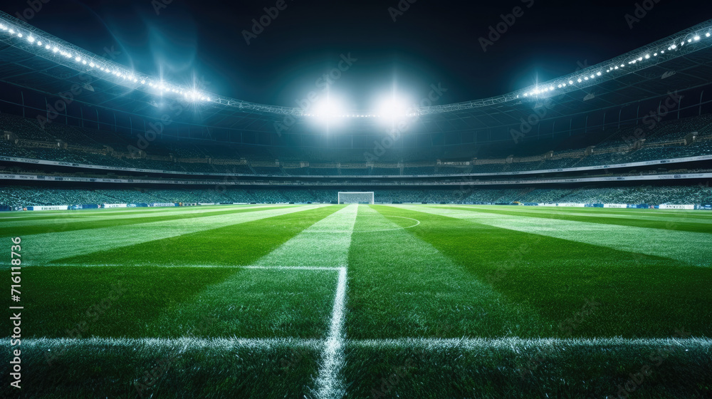 stadium lights,  Football stadium arena for match with spotlight. Soccer sport background, green grass field for competition champion match.  - obrazy, fototapety, plakaty 