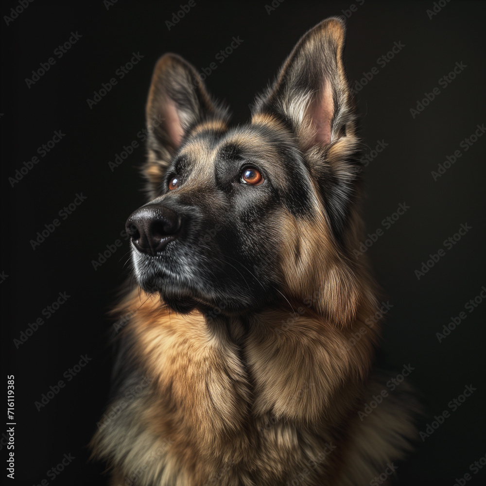 A close up portrait of a german shepherd dog on a black background