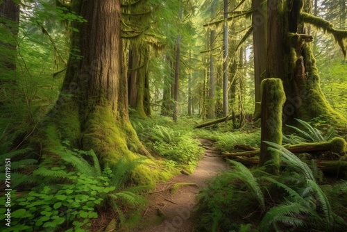 A beautiful natural landscape with lush trees and peaceful atmosphere in Eden Grove, Port Renfrew, Vancouver Island, British Columbia, Canada. Generative AI