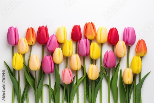 A group of multicolored tulips with distinct red, pink, yellow, and white hues on a light background