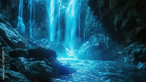 A neon blue waterfall cascading down a rocky wall the sound of water providing a soothing background noise © Justlight