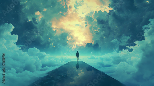Person Standing on a Pathway in the Sky with Clouds
