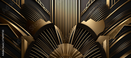 Abstract art deco. Great Gatsby 1920s geometric architecture background. Retro vintage black, gold, and silver roaring 20s texture, Generative AI 