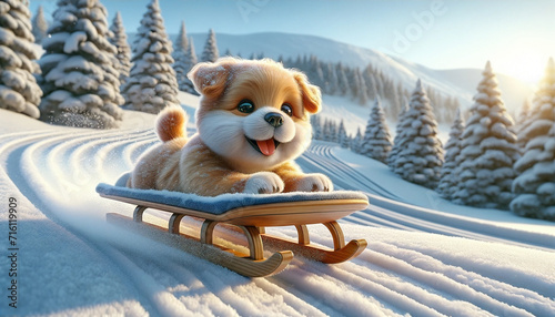A cute dog sledding down a snowy slope - Generative AI photo