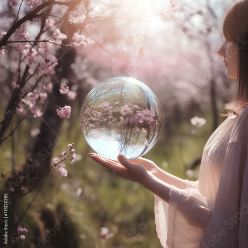 Young beautiful woman holding crystal ball in the spring blooming garden.