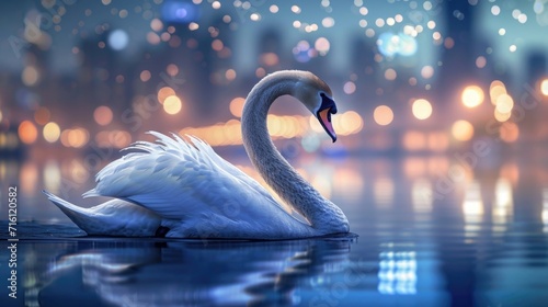 Closeup of a regal swan with its long graceful neck stretched out as it navigates the shimmering river waters under the dazzling night skyline