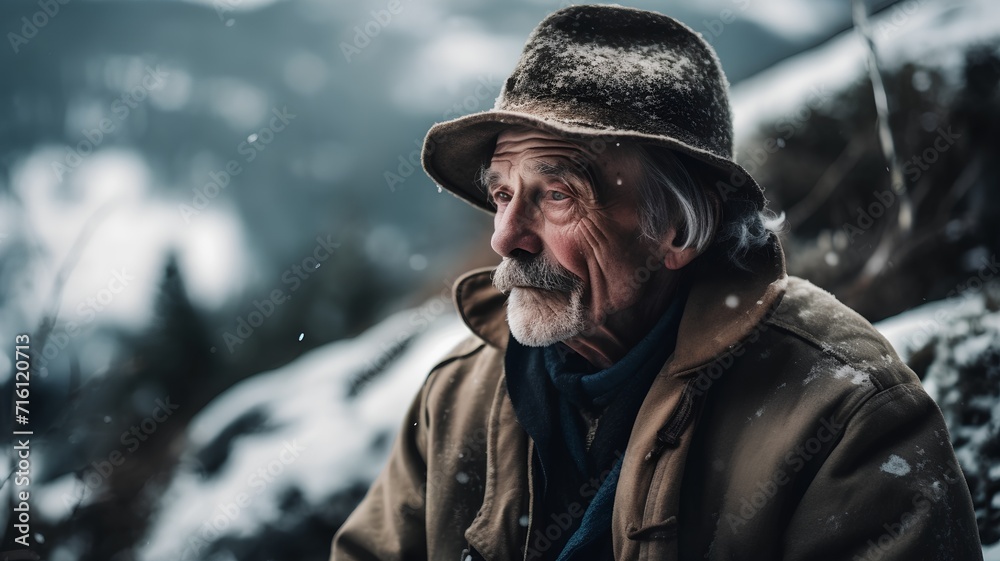 Portrait of an old man with a beard in the winter forest