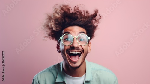 Portrait of a funny young man in glasses on a pink background. © Ai