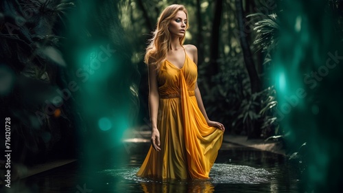 Beautiful young woman in a long yellow dress posing in a tropical forest