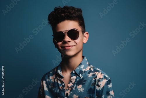 portrait of a young man in sunglasses on a blue background.