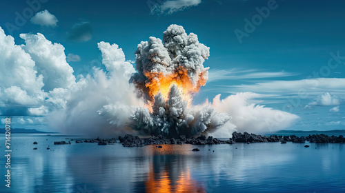 Bomb explosion in sea. Fire and smoke on water. explosion bomb in ocean. nuclear in sea photo