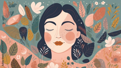 Beautiful woman face with flowers. Vector illustration in flat style.