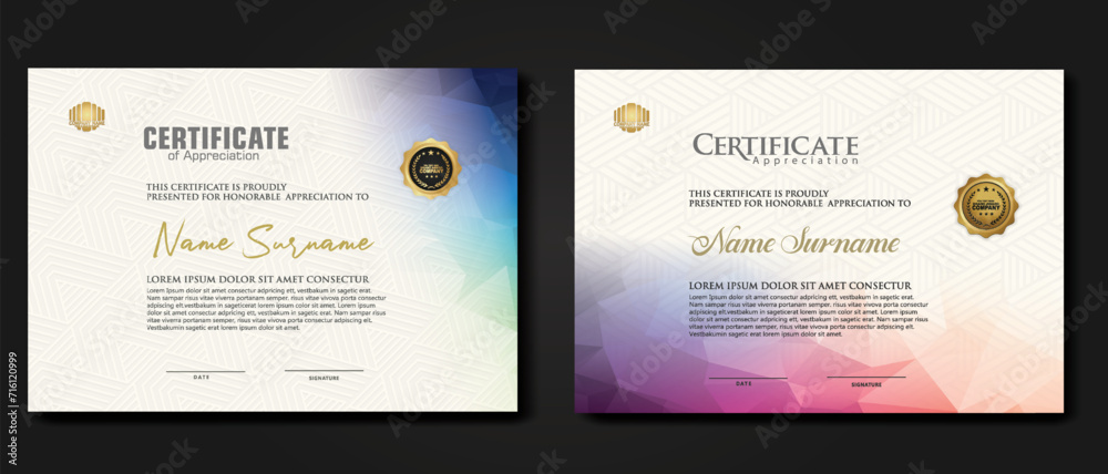 Modern certificate template with colorful polygonal shape effect