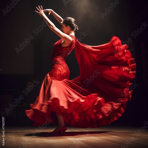 Young beautiful ballerina in red dress dancing flamenco.