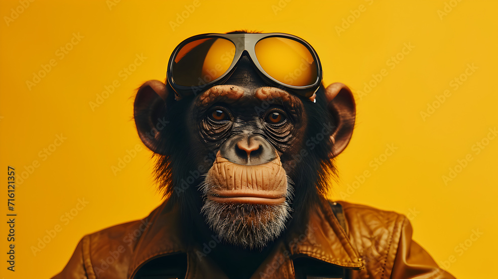 Cool Chimpanzee in Leather Jacket with Sunglasses and Helmet