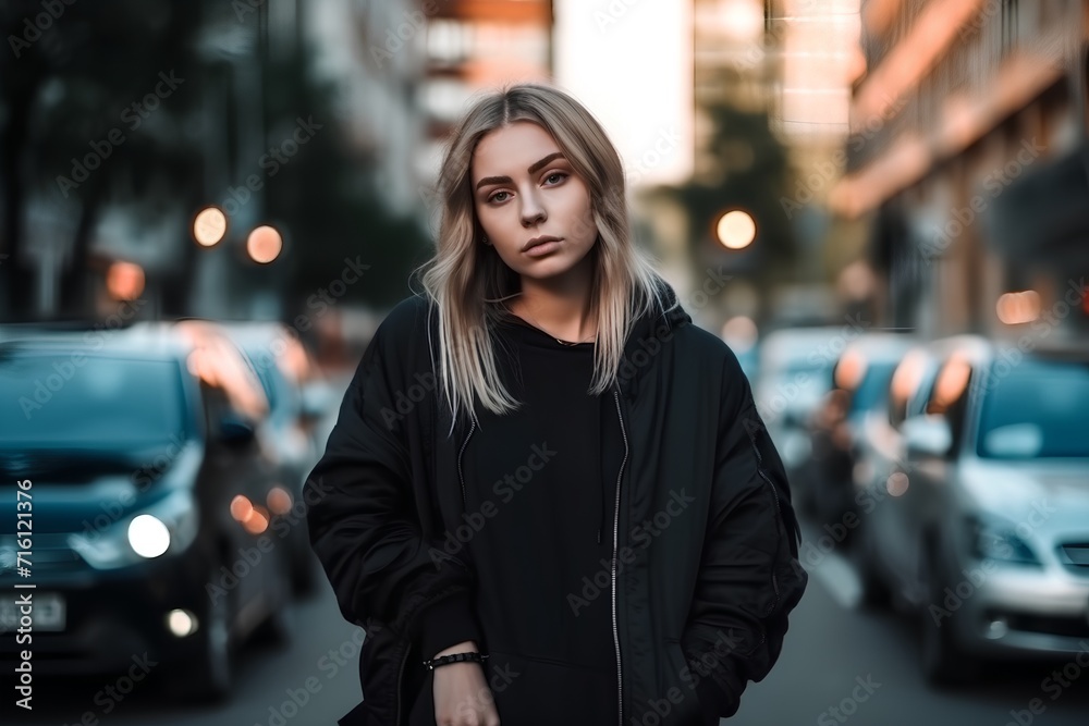 Portrait of a beautiful young woman in a black coat on the street